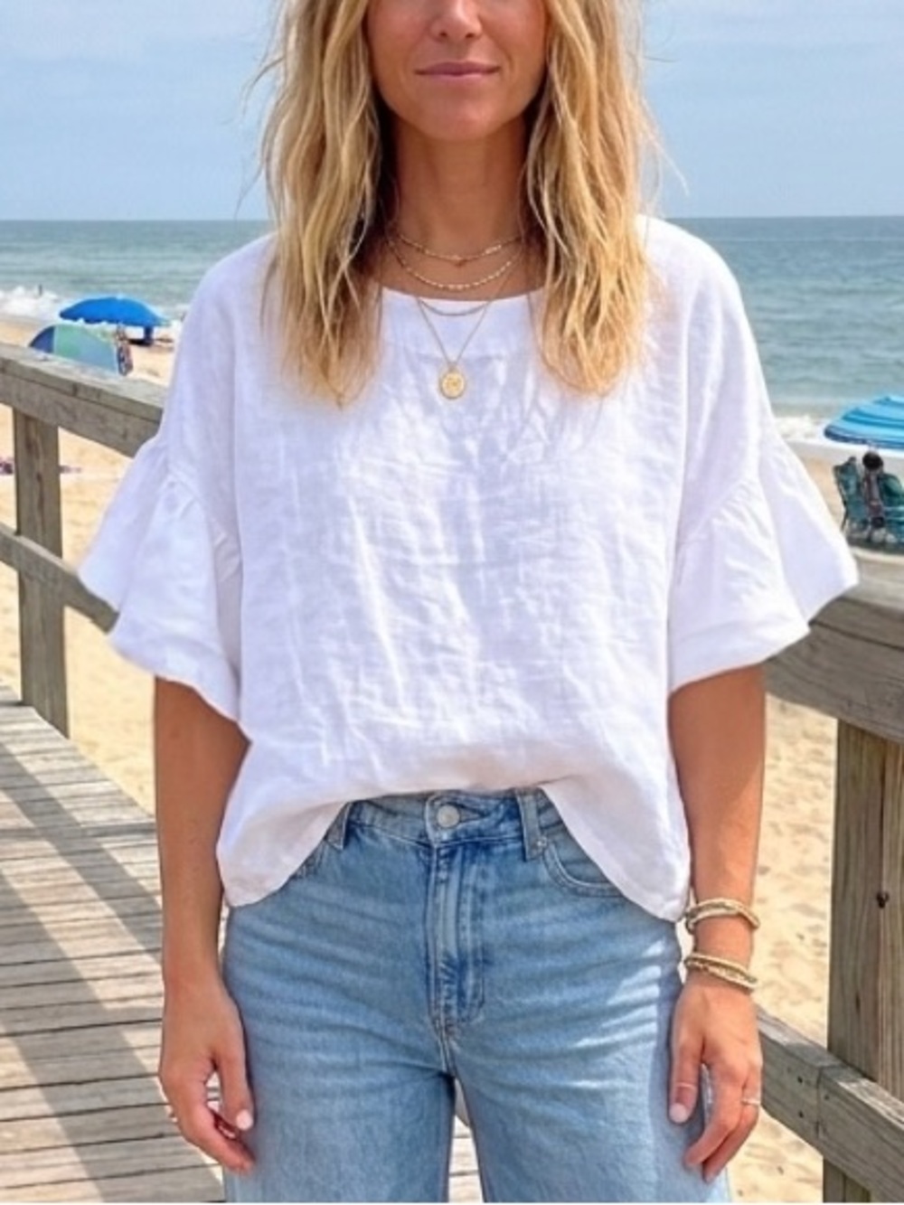 Viola Borghi Italy Linen Flutter Sleeve White Boxy Top Blouse M